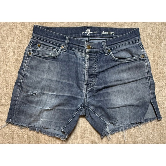 7 For All Mankind Denim Shorts Frayed Hem Distressed Blue Size 31‎ - Picture 1 of 6